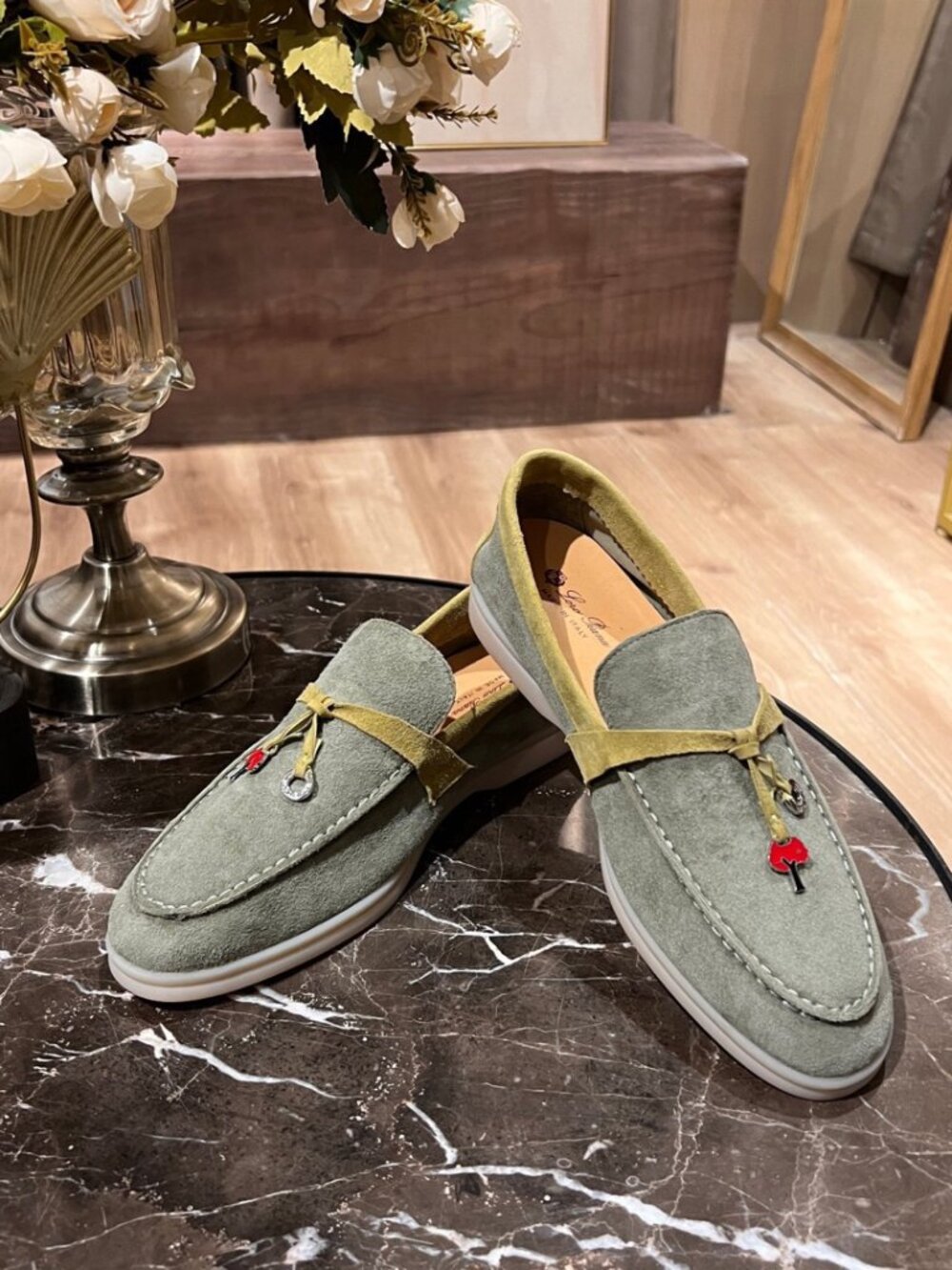 Loro Piana Sage Green Color-block Loafers